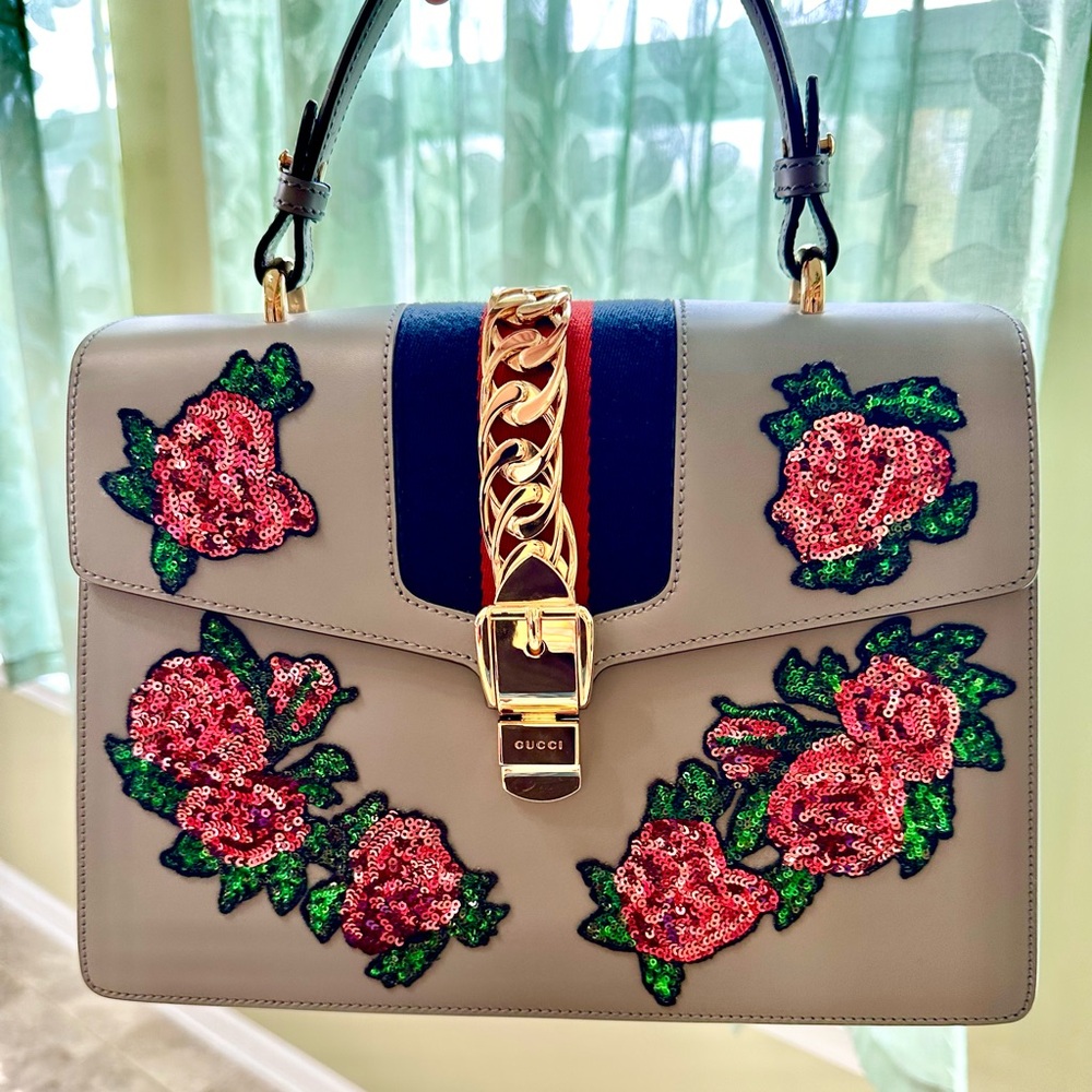 Gucci Gray Floral Sequin Satchel with Chain Detail Excellent Condition w  strap
